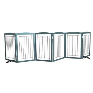 Imagem de ZJSF Cerca interna independente para cães, portão dobrável para portas, escadas ou corredores, portão extra largo de madeira resistente para animais de estimação com pés de suporte para casa, azul, 81