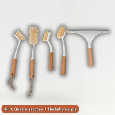 Imagem de Kit Lavanderia 3 Cestos Organizadores Vazados 5 Escovas Multiuso Bambu