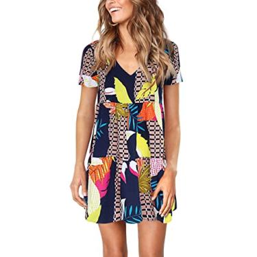 Imagem de Amoretu Vestido túnica feminino de verão, gola V, manga curta, casual, solto, rodado, rodado, Geometria estampada, G