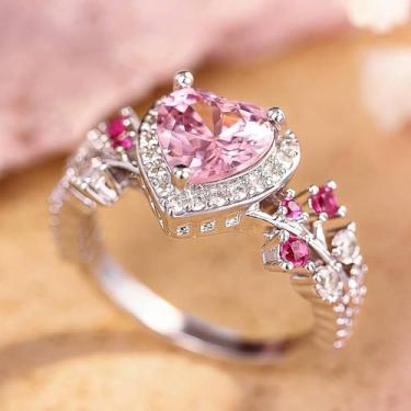 Imagem de Anel de compromisso de zircônia cúbica de coração para mulheres, 10, Latão, Zircônia cúbica