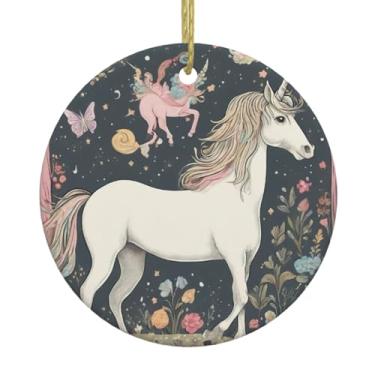 Imagem de Unicórnio01 de Conto de Fadas Impressão de Cerâmica de Natal Pendurado Redondo, Pingentes de Porcelana, Decoração Criativa de Natal