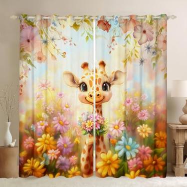 Imagem de Cortina de janela de girafa de desenho animado para crianças, adultos, flores sonhadoras, aquarela, margarida, cortina de janela, estilo rústico, girafa, para decoração de quarto de crianças, 42Lx63C