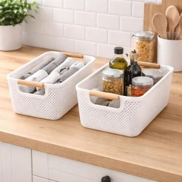 Imagem de Kit Com 2 Cestos Organizador Plástico Multiuso Com Alça Madeira Bambu 