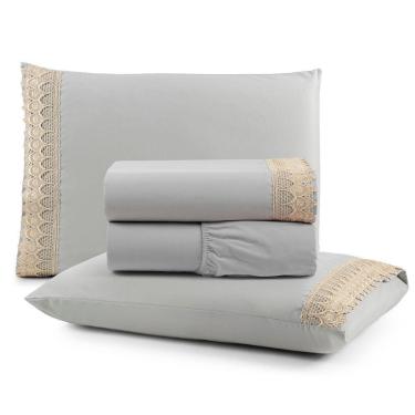 Imagem de Jogo Cama Lençol Haia Casal Padrão Percal 200 Fios 100% Algodão Guipir Bordado Inglês 4 Peças - Cinza
