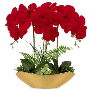 Imagem de Orquídea Artificial Briful 46 cm Roja con Jarrón Cerámico Dorado