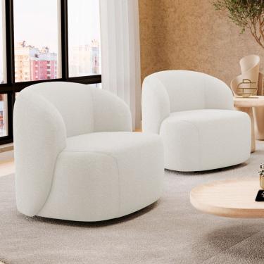 Imagem de Kit 02 Poltronas Decorativas Orgânicas Living Leez Giratória Bouclê Off White - Abmaza