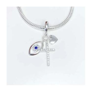 Imagem de Berloques Pingentes Fé e Sorte em Prata 925 Legitima, Olho Grego, Cruz