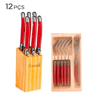Imagem de Conjunto Cepo de Facas e Garfo de Aço Inox Laguiole Vinho 12PÇS