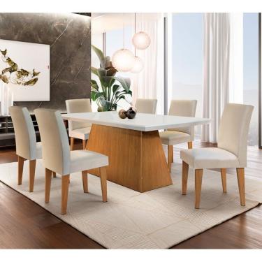 Imagem de Conjunto de Mesa de Jantar Luna com 6 Cadeiras Estofadas Grécia I Veludo Off White e Creme