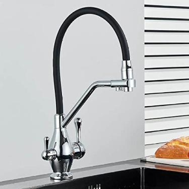 Imagem de Filtro de latão preto torneira da cozinha água pura 360 girar guindaste dupla alça purificação cozinha quente e fria misturador de água potável, cromo a