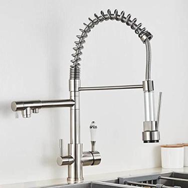 Imagem de Filtro de purificação de água torneira da cozinha 3 cores torneiras de cozinha de água pura puxar para baixo misturador de água quente e fria, níquel escovado a