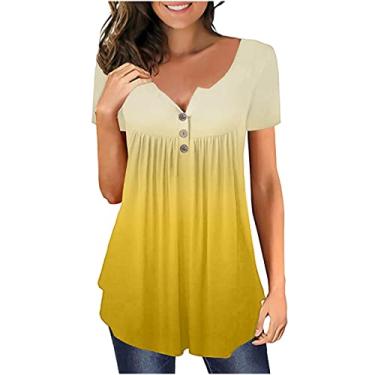 Imagem de Camisetas femininas plissadas degradê floral camiseta feminina manga curta gola quadrada verão outono camiseta 2024, K-01 amarelo mostarda, M