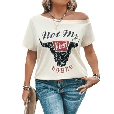 Imagem de SOLY HUX Camisetas femininas plus size com estampa de letras com ombro de fora e manga curta para verão, Estampa de damasco, GG Plus Size