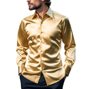 Imagem de Gihuo Camisa masculina de cetim de manga comprida de seda camisas de smoking de luxo com botões tops casuais de negócios, Dourado, M