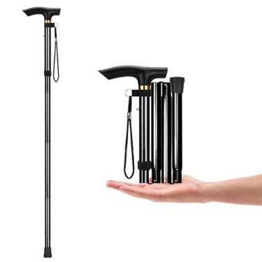 Imagem de YOBOKO Bengala de caminhada de liga de alumínio, bengala telescópica, dobrável, antiderrapante, para idosos, muleta ajustável de 5 seções, fácil de carregar, bengala dobrável para escalada (preta)