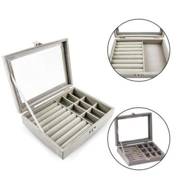 Imagem de Porta Joias Maleta Organizadora Camurça Tampa Acrílica Cinza - Arte Se