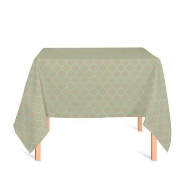 Imagem de Toalha de Mesa Quadrada em Tecido Jacquard Dourado e Turquesa Geométri
