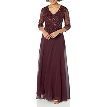 Imagem de J Kara Vestido longo feminino com gola V e manga 3/4 de lantejoulas, Vinho Multi, 46