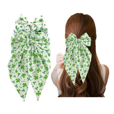 Imagem de Clipe de mola com laço estampado de trevo de quatro folhas verde para festa do dia de São Patrício, cauda longa e presilhas de rabo de cavalo decoração de laço de cabelo (SPJ11) (Verde A)