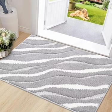 Imagem de GlowSol Tapete de área pequeno 2x3 Boho Tapete de entrada moderno abstrato tapete de pelo alto-baixo tapete antiderrapante para entrada da sala de estar, cinza claro/branco