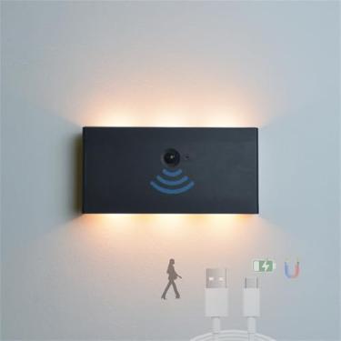 Imagem de Luminária de parede interna LED sem fio com sensor de movimento, arandelas de parede, recarregável por USB, alimentada por bateria, iluminação noturna magnética para loft, escada, sala de es