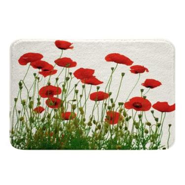 Imagem de Feelyou Papoula Tapetes de banheiro florais vermelhos brilhantes tapetes de banho para banheiro tapetes antiderrapantes ultra grossos macios tapetes de porta de microfibra para cozinha, decoração de quarto, acessórios de banheiro
