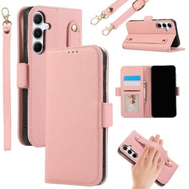 Imagem de Capa de celular com alça de pulso transversal para Samsung Galaxy S24 Ultra S23 S22 Plus S21 FE A05 A05S A55 A35 A15 Carteira com porta-cartão, rosa, para Galaxy A55 5G