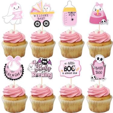 Imagem de 32 peças de enfeite de cupcake de Halloween para chá de bebê, morcego fantasma A Baby is Brewing Picks, Welcome Baby Boo, decoração de bolo It's a Girl, para chá de bebê, meninas, artigos de festa de