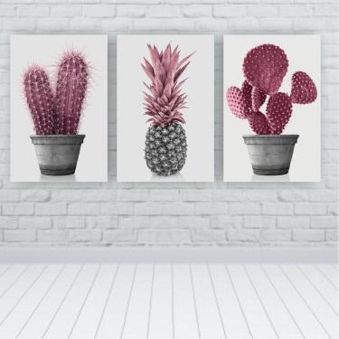 Imagem de Kit 3 Placas Quadros Decorativos 20X30 Floral Cacto Rosa Mdf