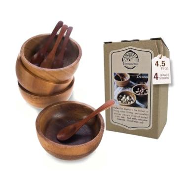 Imagem de BestySuperStore Conjunto de 4 tigelas pequenas redondas de madeira de acácia de 9,5 cm de diâmetro de 3,5 cm de altura com colheres - Tigela empilhável para misturar salada, sopa, lanche, molho,