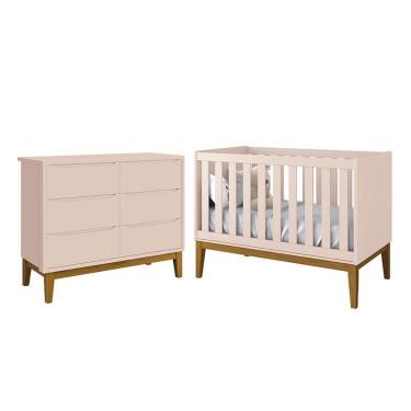 Imagem de Jogo de Quarto Infantil Classic Cômoda 6 Gavetas e Berço com Pés Amadeirado - Reller Móveis Rosa Fosco
