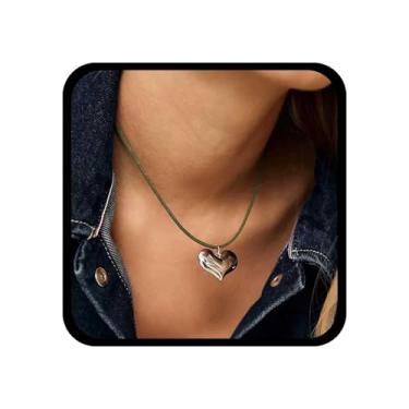 Imagem de Allereyae Colar gargantilha de coração em camadas boho corrente de coração prata cordão de camurça verde colar de camurça gargantilha de couro joia para mulheres, Zinco, Sem Pedra Preciosa