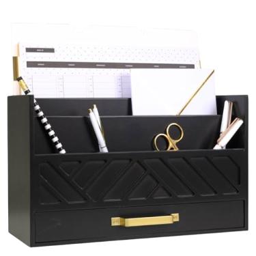 Imagem de BLU MONACO Organizador De Correspondência Preto Com Gaveta E Alça Dourada – Suporte Mesa Armazenamento Materiais Escritório Acessórios Para Em Casa Classificador Cartas Papéis