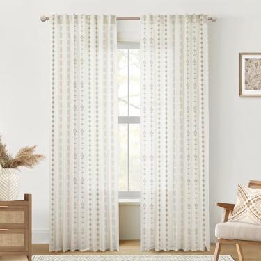 Imagem de Cortinas de porta deslizante, 246 cm de comprimento, para pátio, conjuntos de 2 painéis, cortinas com estampa boho de linho transparente para sala de estar, vermelho e marrom