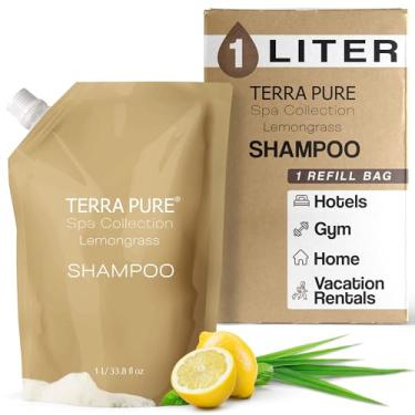 Imagem de Terra Pure Spa Collection Bolsa de recarga de xampu de 1 litro para dispensadores de sabão | Artigos de higiene a granel para aluguéis de férias e chuveiros de banheiro em casa | Chá verde capim-limão