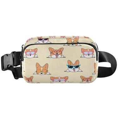 Imagem de Pochete azul orca baleia assassina feminina impermeável bolsa de cinto bolsa de quadril bolsas de cintura bonitas para homens, Cão de desenho animado Corgi fofo, 8 x 5.3 x 2.3 inch, Estampa fofa