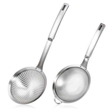 Imagem de 2 peças de peneira de aço inoxidável de malha fina, conjunto de colher de fritura com furos grandes com alça, escumadeira de coador de aranha, portátil para utensílios de cozinha