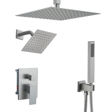 Imagem de YCAIKOI Conjunto De Torneiras Chuveiro Em Níquel Escovado, Torneira Desviadora Com Interruptor Botão E Jato Manual Alta Pressão, Teto 10 Polegadas Parede 6