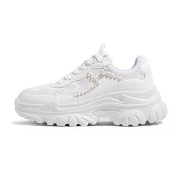Imagem de LUCKY STEP Tênis feminino grosso, moderno, plataforma, renda, pérola, corrente com contas, clássico, casual, plataforma, Branco, 37