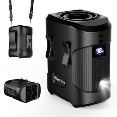 Imagem de Ventilador de cintura portátil 4000 mAh recarregável, 3 velocidades forte Turbo fluxo de ar ventiladores de cinto com clipe viva-voz com lanterna LED, resfriamento 24H, pessoal vestível para uso ao ar