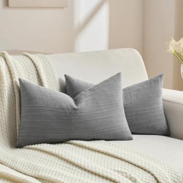 Imagem de FUTEI Capas de almofada decorativas de chenille cinza escuro 30 x 50 cm conjunto de 2, fronhas de almofada lombar com textura listrada macia e esmagada, decoração de casa moderna para sofá-cama sala