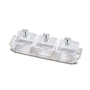 Imagem de 2 peças - travessa quadrada de vidro de cor sólida, estilo nórdico, utensílios de mesa frescos simples - [3 quadrados +3 tampas +1 bandeja]