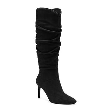 Imagem de Coutgo Botas femininas de cano alto de camurça sintética bico amêndoa salto alto stiletto bota lateral com zíper lateral, Preto, 6.5