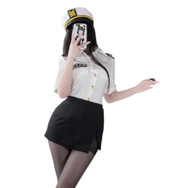 Imagem de SENJIY sexy police officer Uniform for women outfit lingerie Cosplay Costume Cop Short dress Halloween bodysuit Anime Roleplay hat shirt Mini Skirt set white black