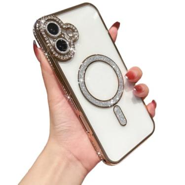 Imagem de Capa magnética transparente com glitter para iPhone 16e, compatível com carregamento sem fio MagSafe (dourado)