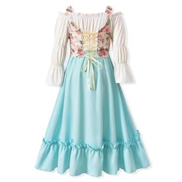 Imagem de fioukiay Vestido renascentista para meninas, ombro de fora, manga bufante, vestido medieval de 4 a 12 anos, Branco e azul claro, 6-7 Anos