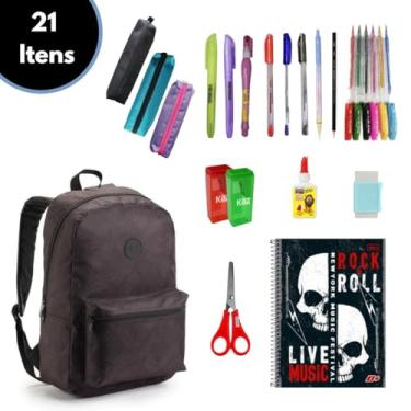 Imagem de Kit Material Escolar com 21 itens Universidade Faculdade Colegial Unissex Aluno Masculino Escola Feminino Aluna Mochila