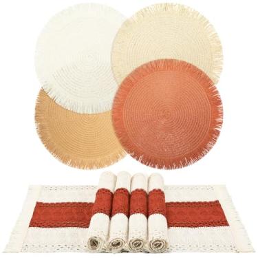 Imagem de Mimorou Jogo americano Boho Fall Conjunto de 4 jogos americanos redondos trançados de 38 cm e combinação de palha de água resistente ao calor para decoração de macramê de Ação de Graças, cozinha