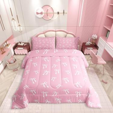 Imagem de Erosebridal Conjunto de cama com nó de laço de desenho animado para meninas, adultos, branco, romântico, princesa, rosa, fantasia, laços, edredom, decoração simples e estética