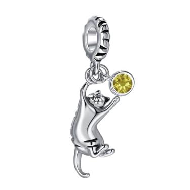 Imagem de MiiFort Berloque de gato malhado para brincar compatível com pulseiras Pandora com pedras amarelas de novembro para amantes de gatos gengibre, mulheres, aniversário